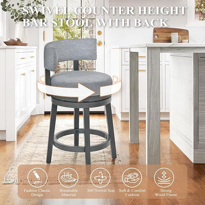 COLAMY Swivel Bar Stools Set of 2, 25 Inch Wood Swivel Barstools with Back, Counter Height Bar Stools, Modern Upholstered Barstools for Kitchen Island Dining Room Bar, Grey