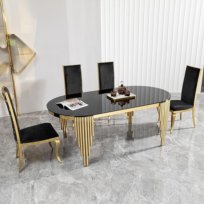 70" Oval Glass Dining Table for 6,Luxury Elegant Kitchen Table with Black Tempered Glass Table Top and Golden Stainless Steel Base,Modern Gold Dining Room Table