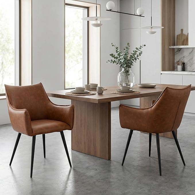Brown PU Leather Chair, Upholstered Dining Room Chairs with Arms Set of 4 Mid Century Modern Kitchen Chair with Black Metal Legs Comfy Desk Armchair for Restaurant