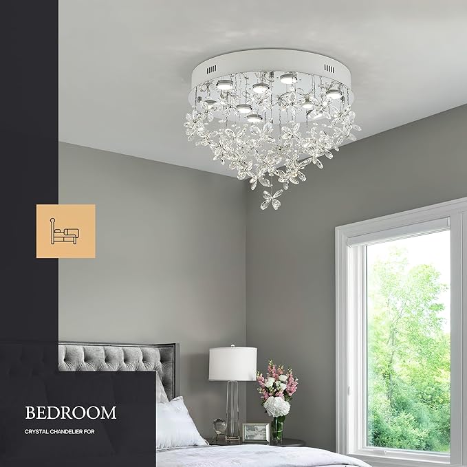 9-Lights Modern Chandelier K9 Crystal Lighting Fixture,20 Inch Round Silver Stainless Steel Flush Mount Ceiling Lights for Bedroom Foyer Hallway Dining Room,GU10 Bulbs Include