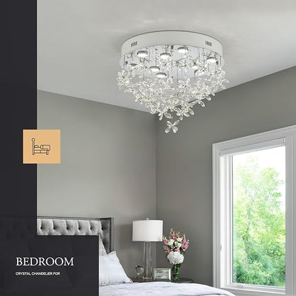 9-Lights Modern Chandelier K9 Crystal Lighting Fixture,20 Inch Round Silver Stainless Steel Flush Mount Ceiling Lights for Bedroom Foyer Hallway Dining Room,GU10 Bulbs Include