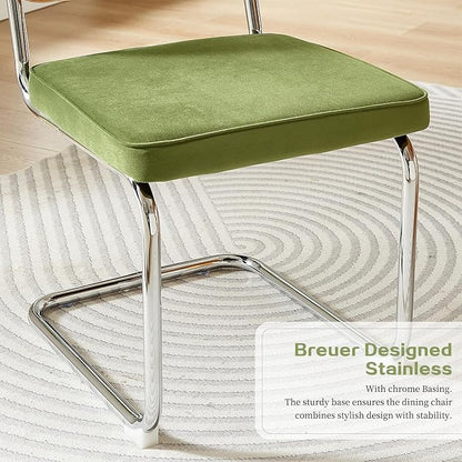 Rattan Back Velvet Dining Chair Set of 2 Modern Breuer Designed Stainless Chrome Base Armless Upholstered Dining Chair for Dining Room, Kitchen Island(Olive Green)