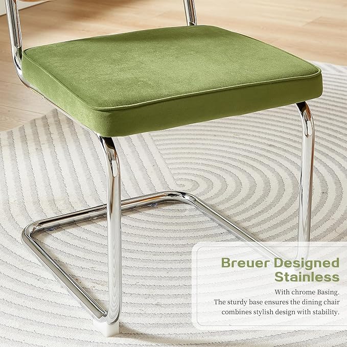 Rattan Back Velvet Dining Chair Set of 6 Modern Breuer Designed Stainless Chrome Base Armless Upholstered Dining Chair for Dining Room, Kitchen Island(Olive Green)