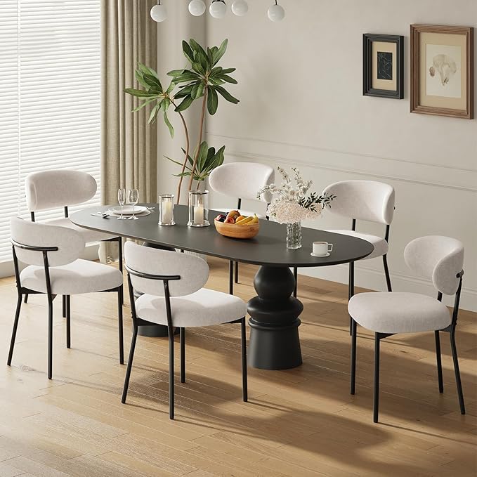 Upholstered Dining Chairs Set of 6, Modern Fabric Kitchen Chairs with Curved Backrest and Cushioned Seat, Sturdy Metal Legs, Comfortable Accent Chairs for Kitchen Dining Room, Living Room,Beige