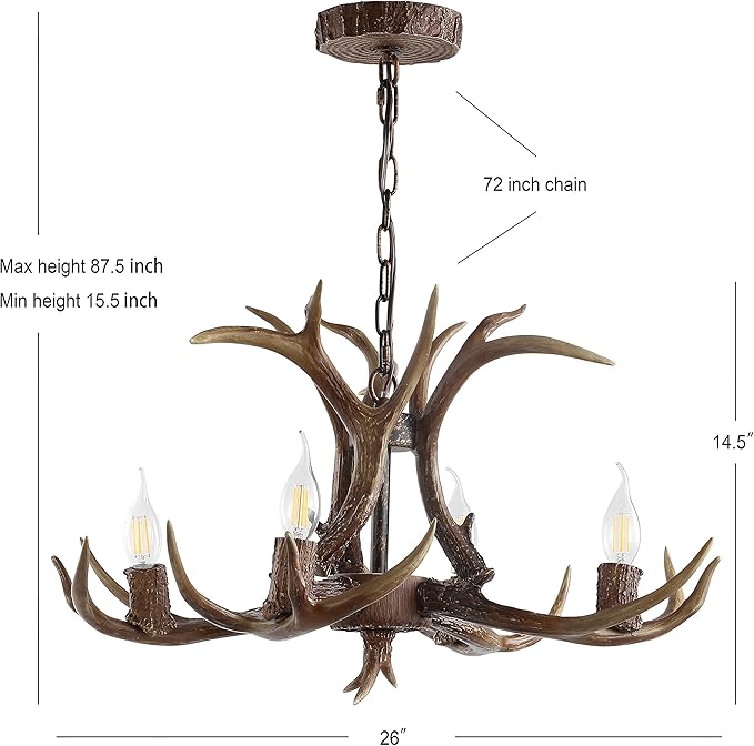 JONATHAN Y 26" Brown Rustic Resin Antler 4-Light LED Chandelier, Farmhouse Faux Deer Horn Hanging Ceiling Light for Dining Room, Kitchen Island, Adjustable Light Fixture JYL6301A