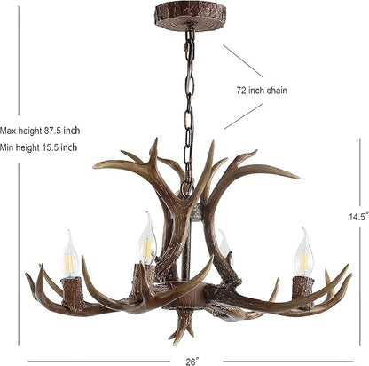 JONATHAN Y 26" Brown Rustic Resin Antler 4-Light LED Chandelier, Farmhouse Faux Deer Horn Hanging Ceiling Light for Dining Room, Kitchen Island, Adjustable Light Fixture JYL6301A
