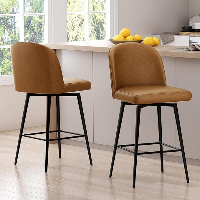 Swivel Bar Stools Set of 2, 26 Inch Faux Leather Counter Height Barstools with Back and Metal Frame, Upholstered Counter Stools for Kitchen Island, Dining Room, Pub, Saddle Brown