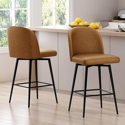 Swivel Bar Stools Set of 2, 26 Inch Faux Leather Counter Height Barstools with Back and Metal Frame, Upholstered Counter Stools for Kitchen Island, Dining Room, Pub, Saddle Brown