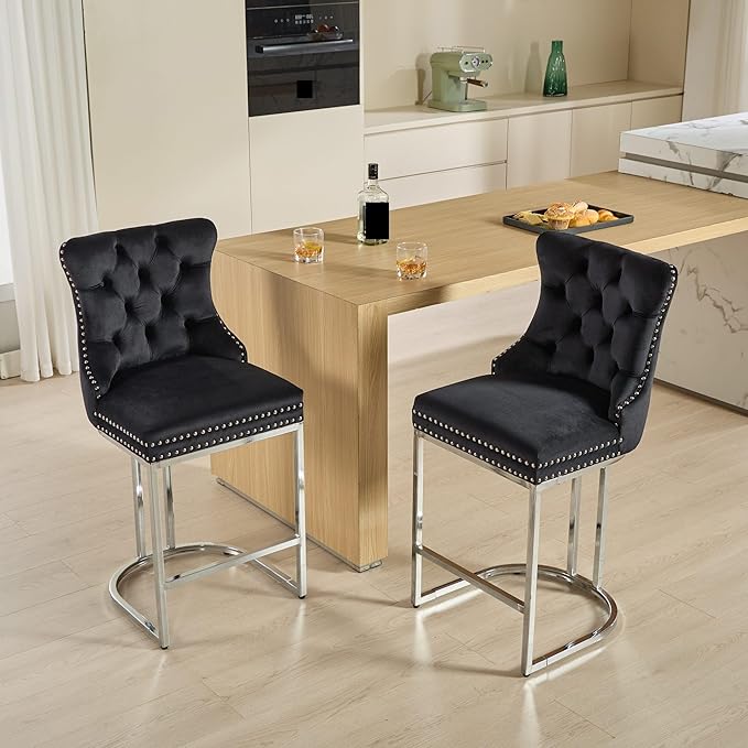 26" Counter Height Bar Stools Set of 2, Modern Velvet Barstools with Button Back&Rivet Trim Upholstered Kitchen Island Chairs with Sturdy Chromed Metal Base Legs,for Living Room