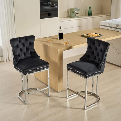 26" Counter Height Bar Stools Set of 2, Modern Velvet Barstools with Button Back&Rivet Trim Upholstered Kitchen Island Chairs with Sturdy Chromed Metal Base Legs