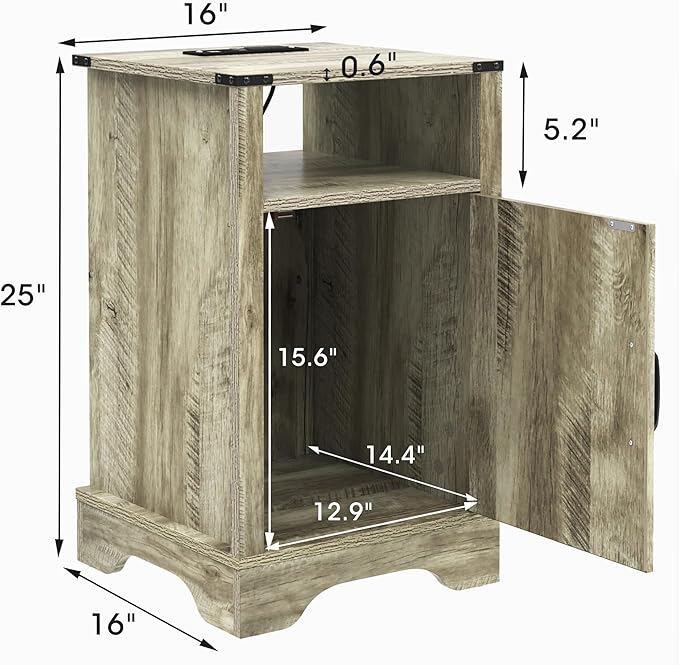 RoyalCraft 25" Tall Nightstands Set of 2, Farmhouse Nightstand with Charging Station, Large End Table with Storage, Wooden Rustic Bedside Table for Bedroom, Light Grey