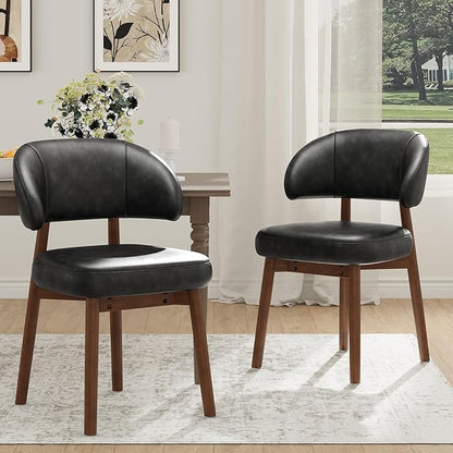 MALOL Wooden Dining Chairs Set of 2, Modern Upholstered Dining Room Chair, PU Leather Kitchen Side Chairs with Curved Open Back for Living Room/Restaurant/Cafe, Black