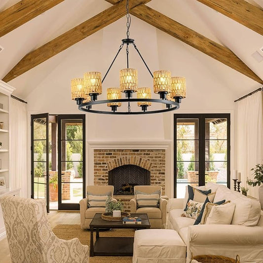 9-Light 32" Boho Rattan Chandeliers for Dining Room,Farmhouse Wagon Wheel Chandeliers,Adjustable Height Hanging Round Pendant Lighs for Kitchen Island,Wicker Lampshade Chandelier Light Fixture
