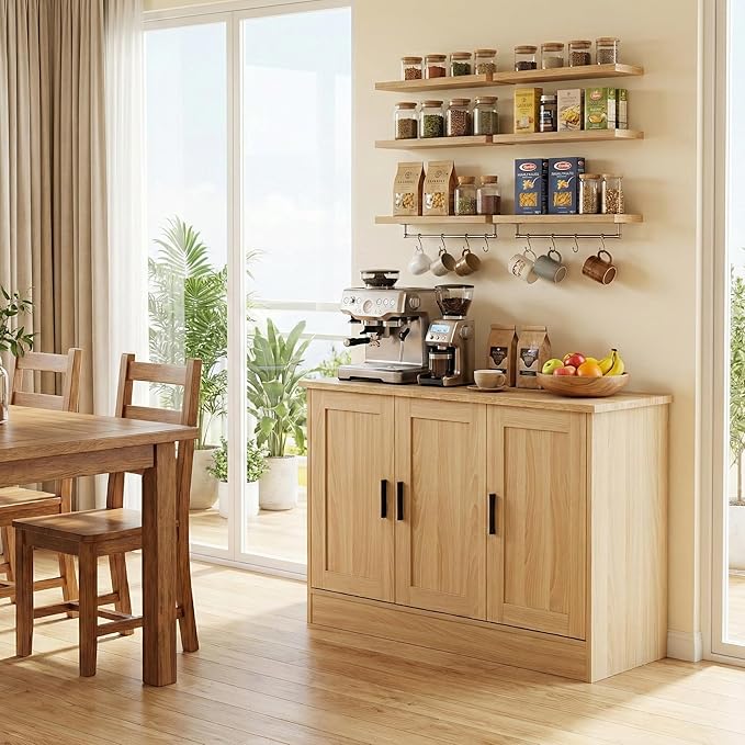 Anystyle 43" Oak Buffet Cabinet with Black Handles, Small Kitchen Sideboard with 3 Doors & Adjustable Shelves, Modern Entryway Credenza & TV Console Table for Living Room, Dining Room