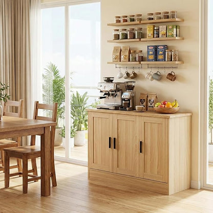 Anystyle 43" Oak Buffet Cabinet with Black Handles, Small Kitchen Sideboard with 3 Doors & Adjustable Shelves, Modern Entryway Credenza & TV Console Table for Living Room, Dining Room