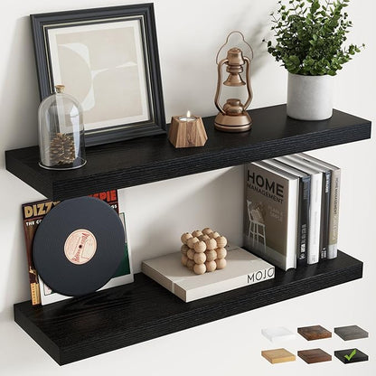 32 Inch Floating Shelves for Wall Set of 2, 8"D Wood Grain Bathroom Shelves with Invisible Brackets, Easy Install Engineered Wood Storage Shelves for Kitchen, Living Room, Bedroom, Black Finish