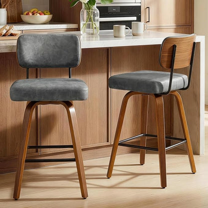 Swivel Bar Stools Set of 3, 26" Upholstered Counter Height Bar Stools with Back and Bent Walnut Wood Legs, Faux Leather Modern Barstools for Kitchen Island,Gray