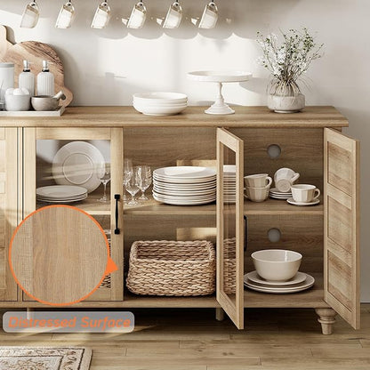 WAMPAT 2-in-1 Sideboard Buffet Cabinets with Glass Door, Kitchen Storage Cabinets, Wood Coffee Bar Tables, Accent Sideboard Storage Cabinet Table Dining Room, Living Room,Oak