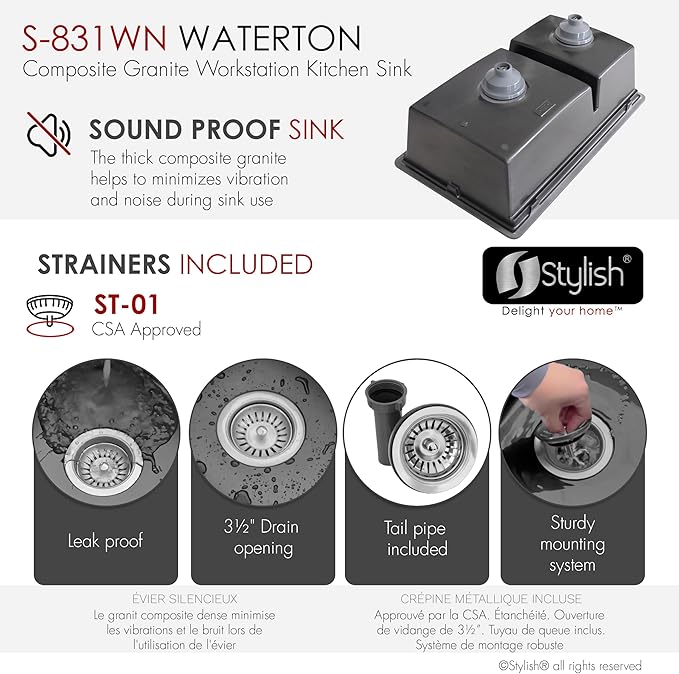 Stylish 30 x 18 Inch Composite Granite Workstation Kitchen Sink, 60/40 Double Bowl Under Mount & Drop in, 9.5 in Deep, Reversible, with Cutting Board, Colander, Colander & Strainer, Black, S-831WN