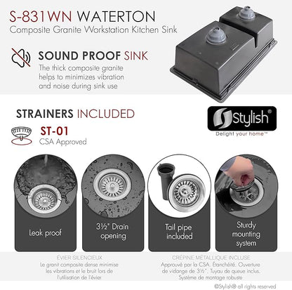 Stylish 30 x 18 Inch Composite Granite Workstation Kitchen Sink, 60/40 Double Bowl Under Mount & Drop in, 9.5 in Deep, Reversible, with Cutting Board, Colander, Colander & Strainer, Black, S-831WN