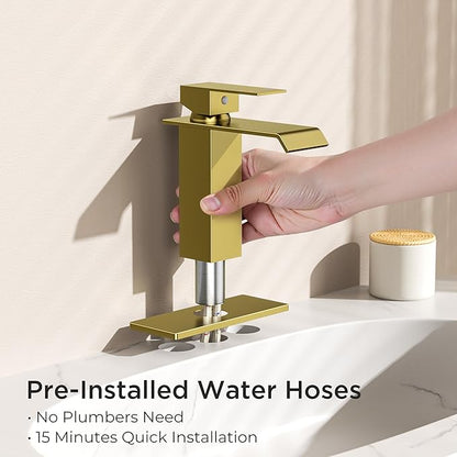 FORIOUS Gold Bathroom Faucet, Modern Waterfall Bathroom Sink Faucets 1 or 3 Hole Single Handle with Deck Plate and Drain, Suitable for Vanity Rv Camper Commerical