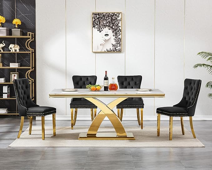 68 Inch Marble Dining Table for 4-6,Modern Dining Room Table with White Faux Marble Tabletop & Gold X Stainless Steel Base,Luxury Rectangle Gold Kitchen Dining Room Table for Living Room Home Office