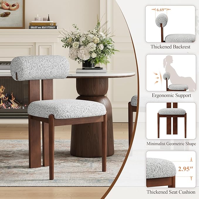 MALOL Modern Wooden Dining Chairs Set of 4, Upholstered Fabric Kitchen Chairs with Sculptural Backrest, Mid-Century Farmhouse Dining Room Chairs with Solid Wood Legs, Light Grey