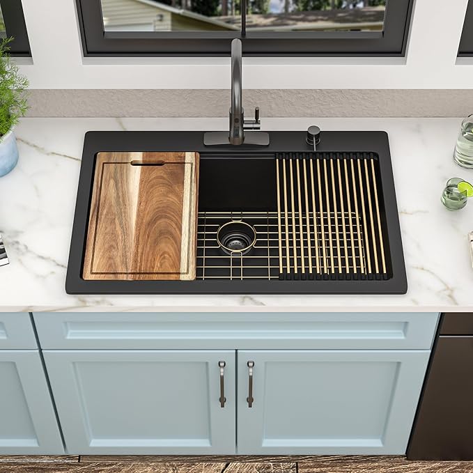33"x22" Granite Composite Kitchen Sink – Matte Black Ledge Workstation Drop In Top Mount Granite Quartz Classic Luxury Above Counter Single Bowl Sink Basin
