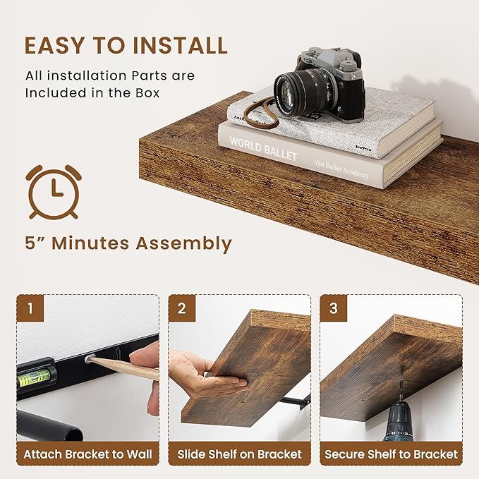 fuqing Floating Shelves for Wall, Wall Mounted Wood Floating Shelf with Invisible Brackets for Living Room, Bathroom, Bedroom, Kitchen Storage and Decor, 55 Inch Set of 2, Rustic Brown