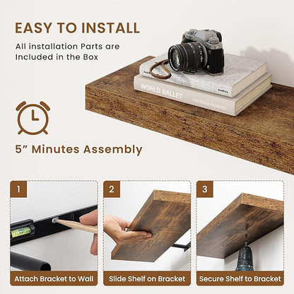 fuqing Floating Shelves for Wall, Wall Mounted Wood Floating Shelf with Invisible Brackets for Living Room, Bathroom, Bedroom, Kitchen Storage and Decor, 55 Inch Set of 2, Rustic Brown