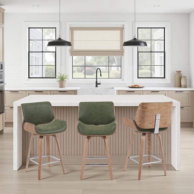 Armen Living Tyler Modern Counter Height Swivel Bar Stool with White Wash Finished Wood and Vintage Green Upholstery