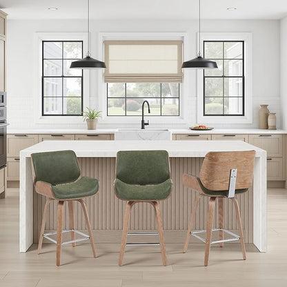 Armen Living Tyler Modern Counter Height Swivel Bar Stool with White Wash Finished Wood and Vintage Green Upholstery