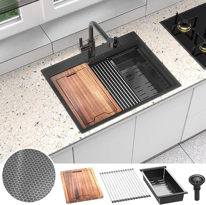 28inch Black Kitchen Sink Drop In - Feibus 28x22x10 with Double Step Workstation Sink 16 Gauge Honeycomb Embossment Stainless Steel Single Bowl