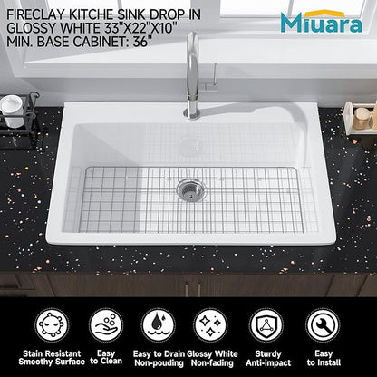 Miuara White Kitchen Sink Drop In 33 Inch 1 Hole - Topmount Fireclay Sink Drop In 33x22, Heavy Duty Large Deep Single Bowl, with 2 Custom Accessories, Glossy White, for Kitchen