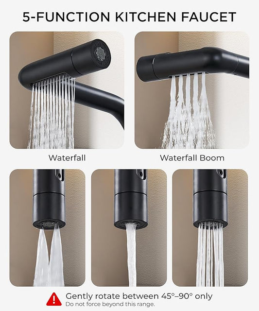 FORIOUS Black Waterfall Kitchen Faucet with Pull Down Sprayer, 5 Spout Modes Stainless Steel Single Handle 360° Swivel Classic Kitchen Sink Faucet with Deck Plate for 1 or 3 Hole for Bar Rv