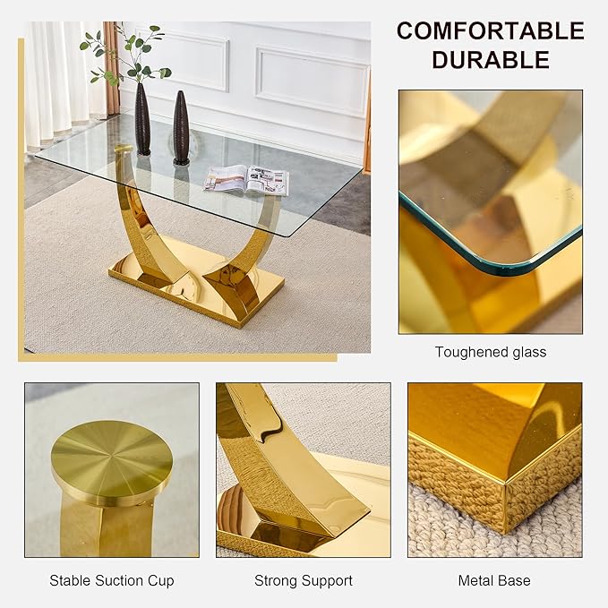 63" Gold Dining Room Table, Glass Dining Table for 4-6 with Rectangular Tempered Glass Tabletop, Modern Kitchen Table with Glossy U Shape Stainless Steel Base for Kitchen Dining Room