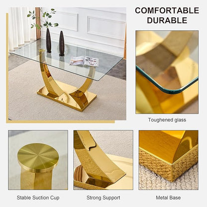 63" Gold Dining Room Table, Glass Dining Table for 4-6 with Rectangular Tempered Glass Tabletop, Modern Kitchen Table with Glossy U Shape Stainless Steel Base for Kitchen Dining Room