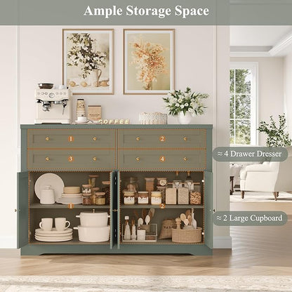 HOSTACK 55" Coffee Bar with 4 Large Drawers, 40" Tall Buffet Cabinet with Storage, Kitchen Storage Cabinet, Modern Farmhouse Sideboard Buffet, Adjustable Shelves for Living Room, Green