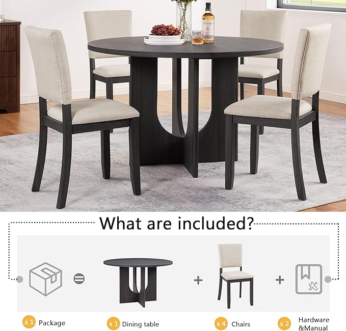 5-Piece Round Dining Table Set for 4, 47.3" Round Dining Room Table with 4 Upholstered Chairs, Modern Kitchen Table and Chairs Set of 4 for Kitchen and Dining Room, Antique Black & Beige