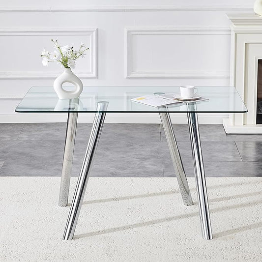 51.2'' Modern Glass Dining Table for 4-6, Rectangular Dining Room Table with Silver Metal Legs, Clear Tempered Glass Top Dining Table for 4, Space-Saving Dinner Kitchen Table for 4, 400lbs Load