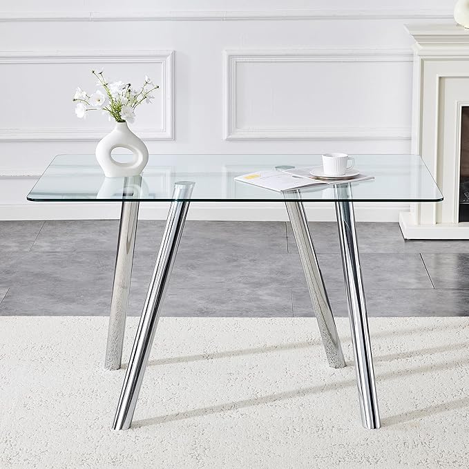 51.2 Inch Glass Dining Table for 4-6 People, Sturdy Metal Tube Legs, Silver and Glass Dining Room Tabble for 4, Space-Saving Rectangular Breakfast Nook Table for Home Apartment