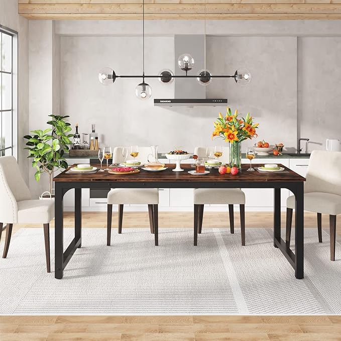 LITTLE TREE 78.7 Inch X-Large Dining Table Rectangular Kitchen Furniture for 6 to 8 People, Brown