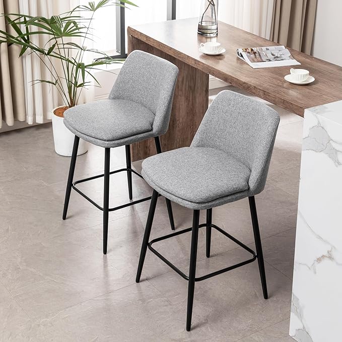 Counter Height Swivel Bar Stools Set of 2, 360° Swivel Upholstered Barstools with Back and Metal Legs, 25.6" Seat Height,Counter Stools for Kitchen Island and Pub,Linen Cloth
