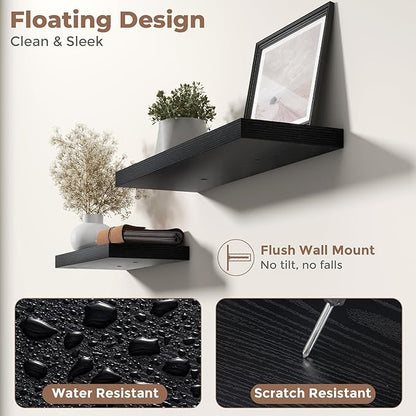 36 Inch Floating Shelves for Wall Set of 2, 8"D Wood Grain Bathroom Shelves with Invisible Brackets, Easy Install Engineered Wood Storage Shelves for Kitchen, Living Room, Bedroom, Black Finish