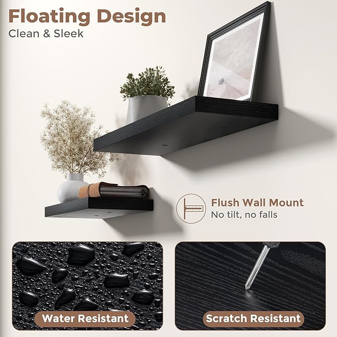 55 Inch Floating Shelves for Wall Set of 2, 8"D Wood Grain Bathroom Shelves with Invisible Brackets, Easy Install Engineered Wood Storage Shelves for Kitchen, Living Room, Bedroom, Black Finish