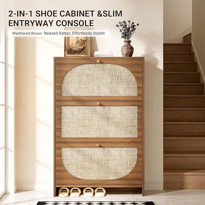 Nicetree Shoe Storage Cabinet for Entryway, Rattan Vintage Flip Shoe Rack- 3 Flip Drawers & 3-Tier Adjustable Shelves,Boho Shoe Organizer for 24-30 Pairs - Fits Size 12 Boots, 9.5" Ultra Slim (Oak)