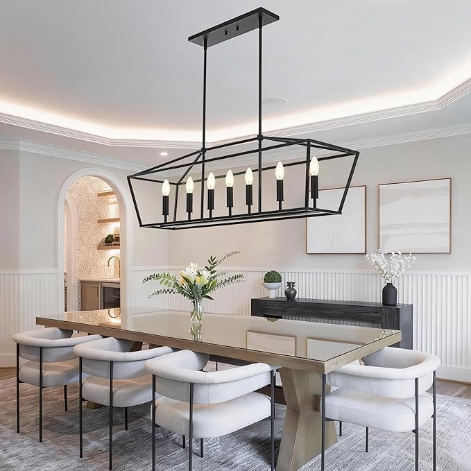 VINLUZ 7 Light E12 Dining Room Lighting Fixtures Hanging Farmhouse Chandelier in Matte Black Finish Modern Pendant Lighting Adjustable Height for Bedroom Living Room Hallway