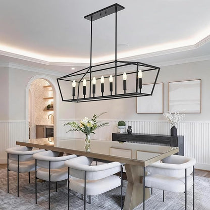 VINLUZ 7 Light E12 Dining Room Lighting Fixtures Hanging Farmhouse Chandelier in Matte Black Finish Modern Pendant Lighting Adjustable Height for Bedroom Living Room Hallway