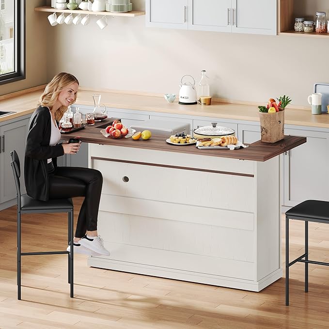 Kitchen Island with Seating, Rolling Kitchen Islands with Storage, 55" W Large Island Table, Breakfast Bar Counter with Drop Leaf, Trash Can Cabinet, Power Outlet for Dining Room, Walnut
