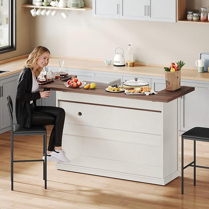Kitchen Island with Seating, Rolling Kitchen Islands with Storage, 55" W Large Island Table, Breakfast Bar Counter with Drop Leaf, Trash Can Cabinet, Power Outlet for Dining Room, Walnut